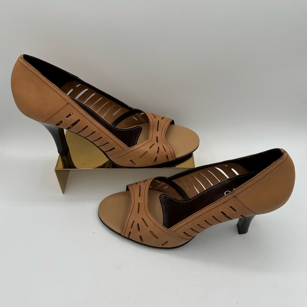 FRANCO SARTO Tan Cutout Leather Peep Toe Heels | Size 10 - Picture 2 of 11